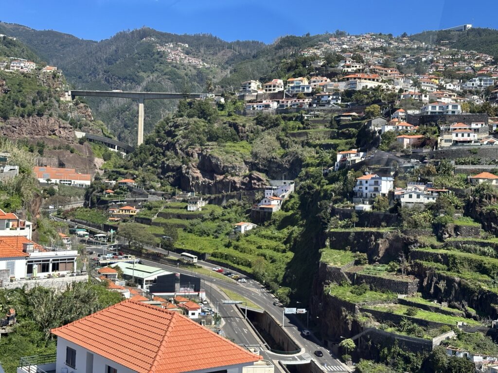 Terraced hills and homes in Madeira seen from above near Monte during cable car ride