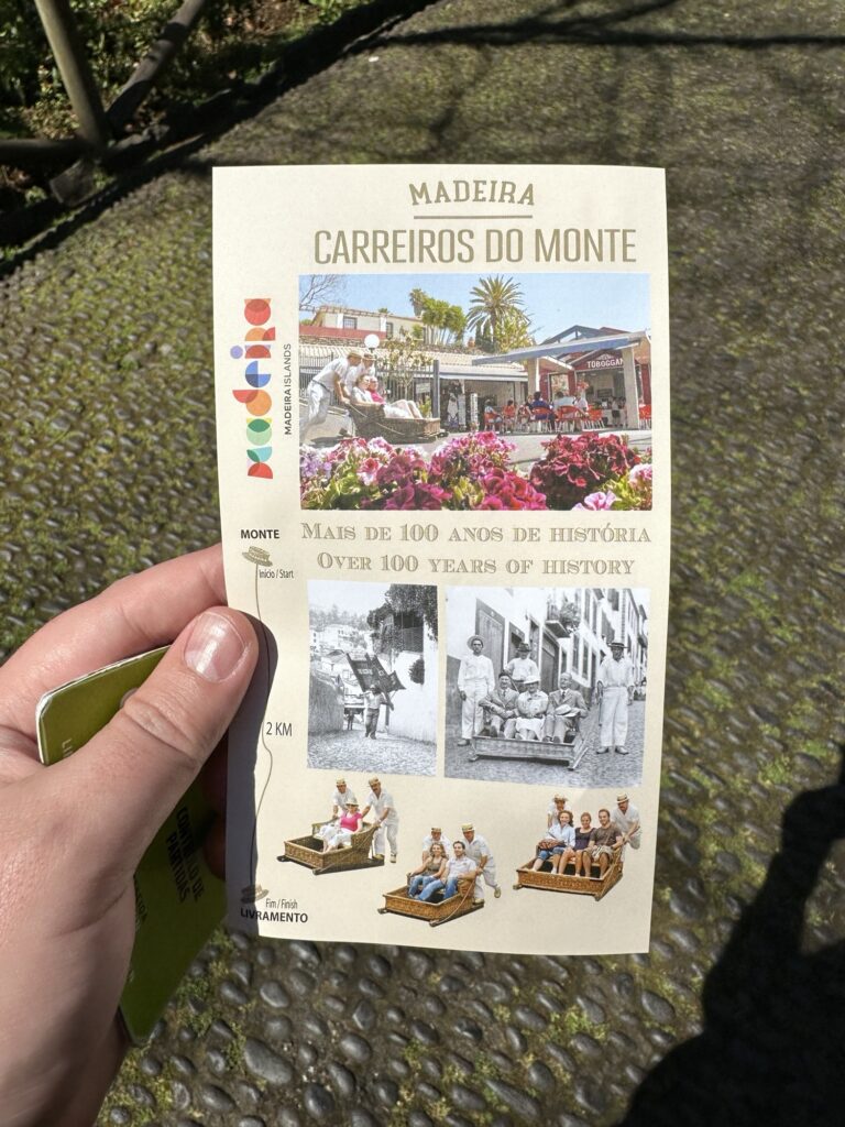 Carreiros do Monte toboggan ride ticket brochure showing history of Madeira sled ride