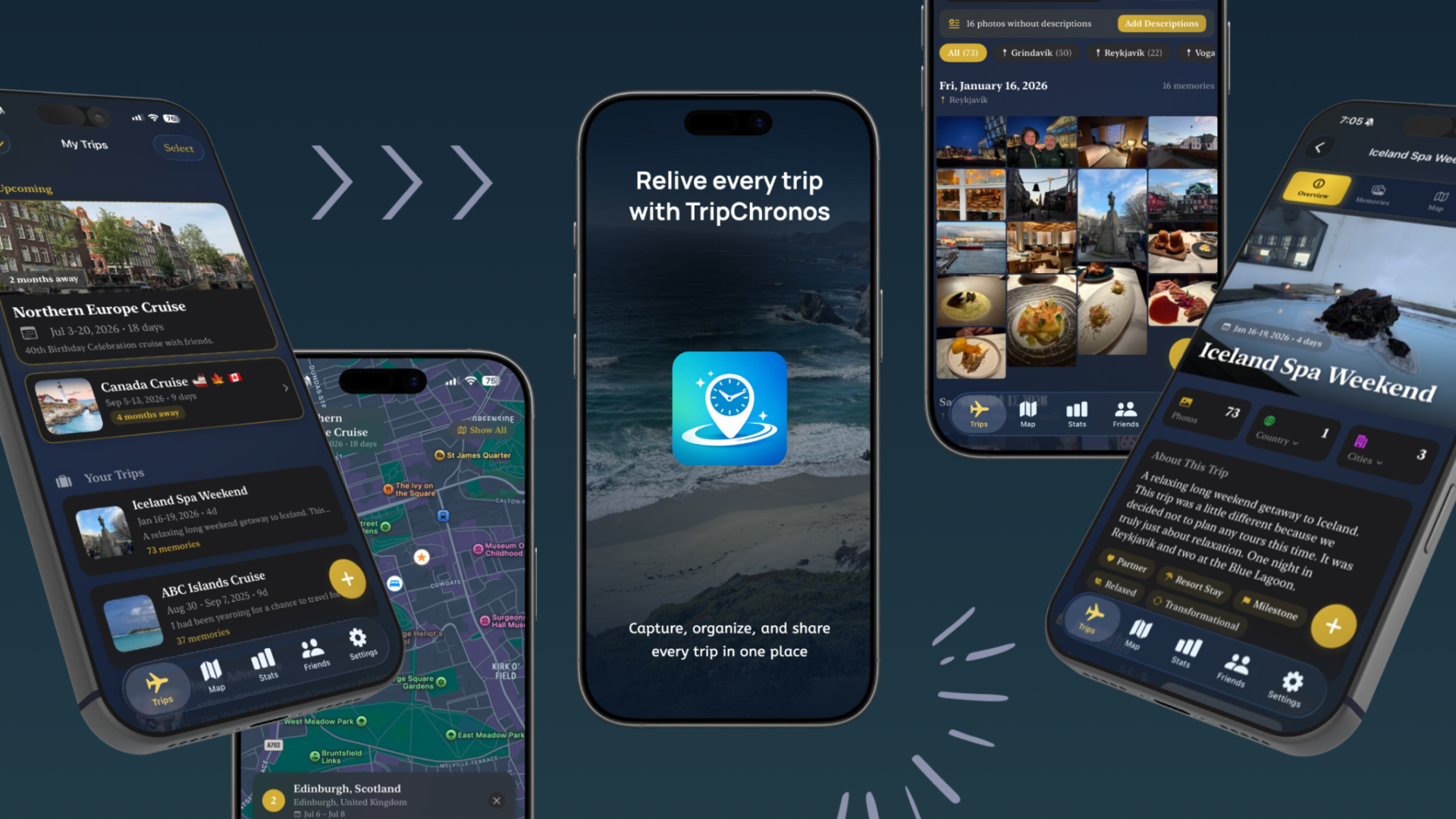Screenshots of TripChronos travel app