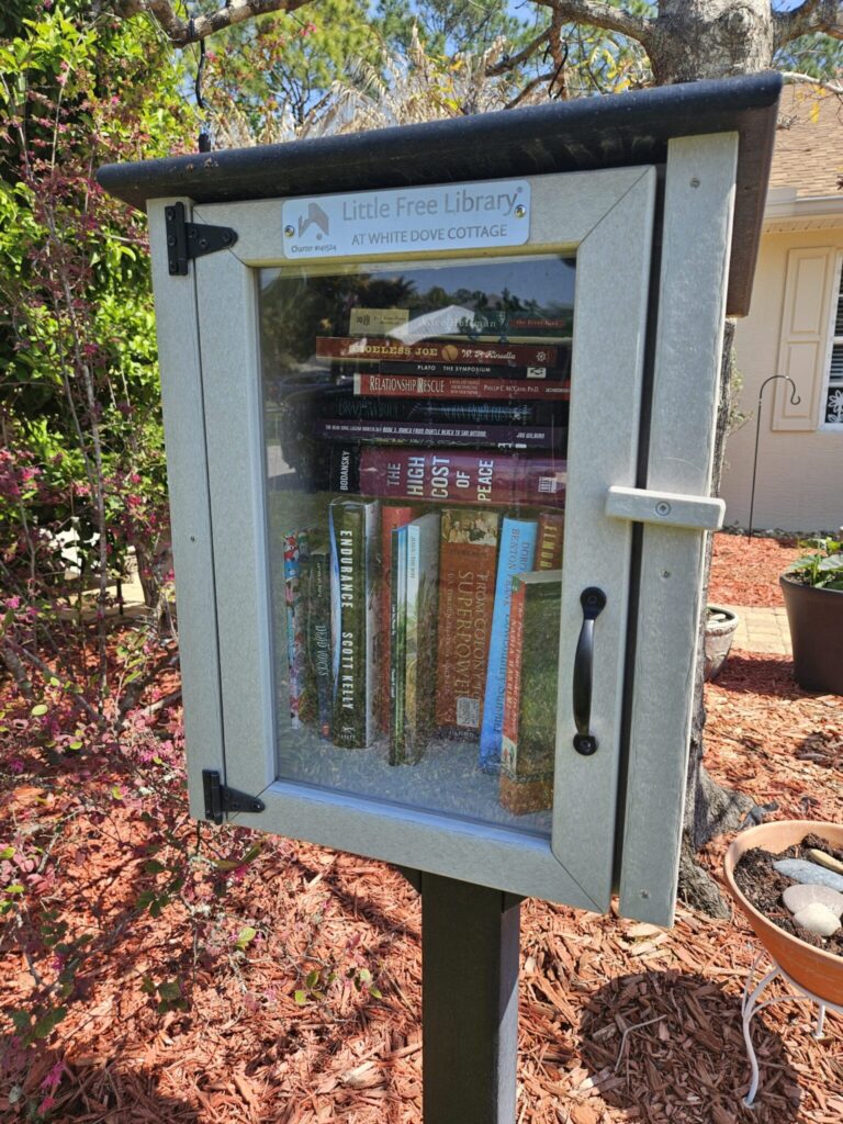 A Little Free Library box mounted on a post displays books behind glass doors in a residential garden setting