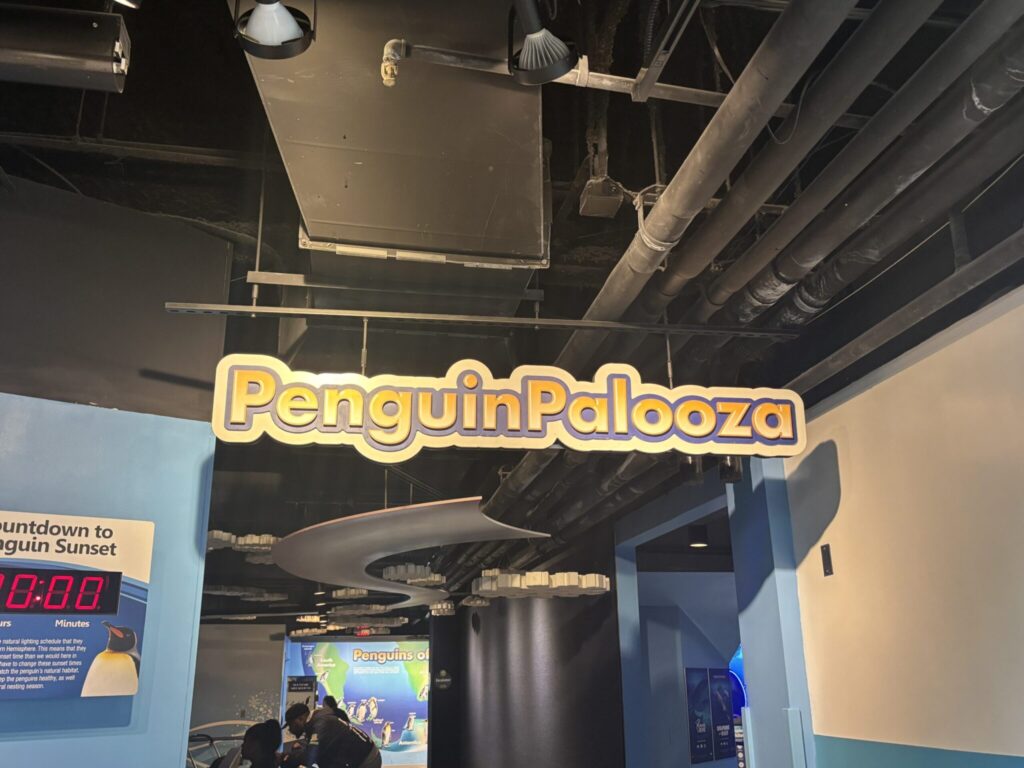 Yellow "PenguinPalooza" sign hangs above an indoor exhibit entrance with industrial ceiling visible