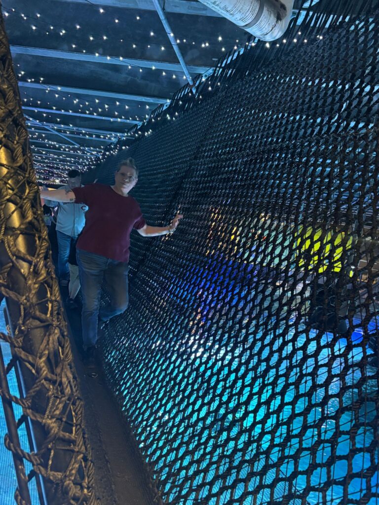 Person in maroon shirt stands inside illuminated mesh tunnel with blue and green lighting effects overhead