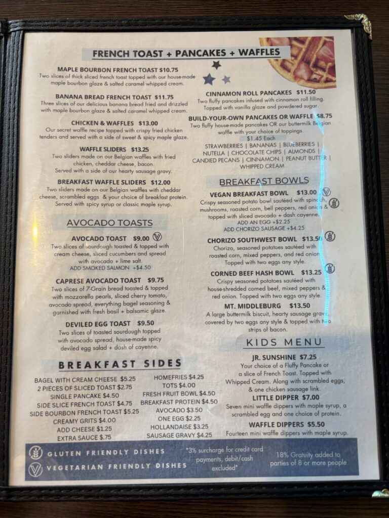 Breakfast menu displayed in a black frame showing French toast, pancakes, waffles, avocado toasts, and breakfast bowls with prices