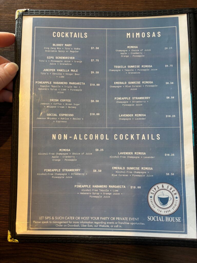Menu page from Social House restaurant displaying cocktails, mimosas, and non-alcoholic cocktail options with prices