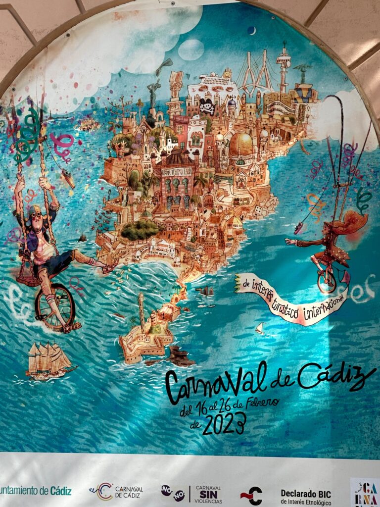 Colorful poster for Carnaval de Cádiz 2023 featuring an illustrated fantasy island city surrounded by turquoise water