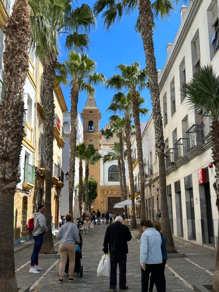 A pedestrian street lined with palm trees leads toward a church with a bell tower in a Mediterranean coastal town