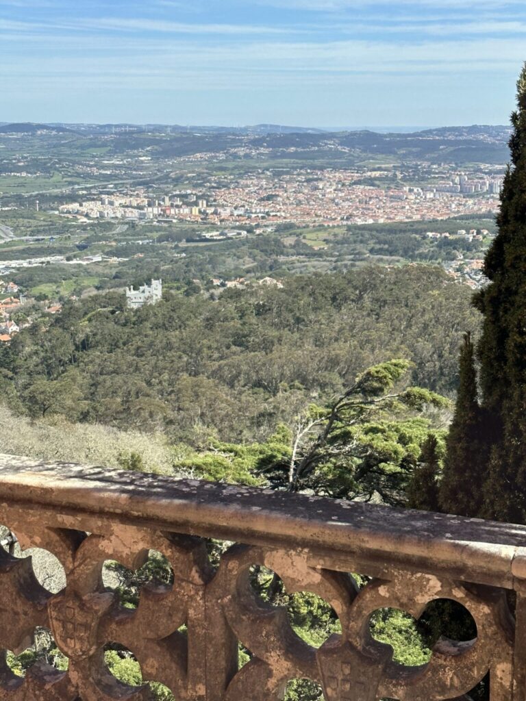 Panoramic view of a sprawling city nestled in a valley, seen from a hilltop fortress with ornate stone railing