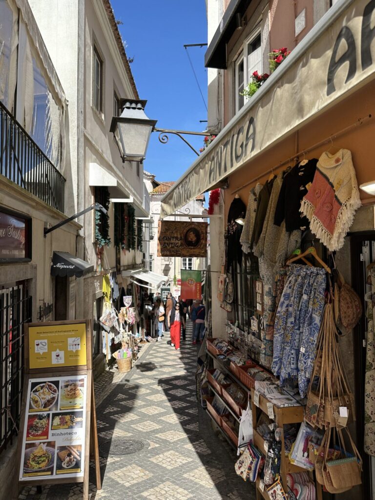 Narrow cobblestone street lined with shops selling traditional clothing and souvenirs in a historic European village